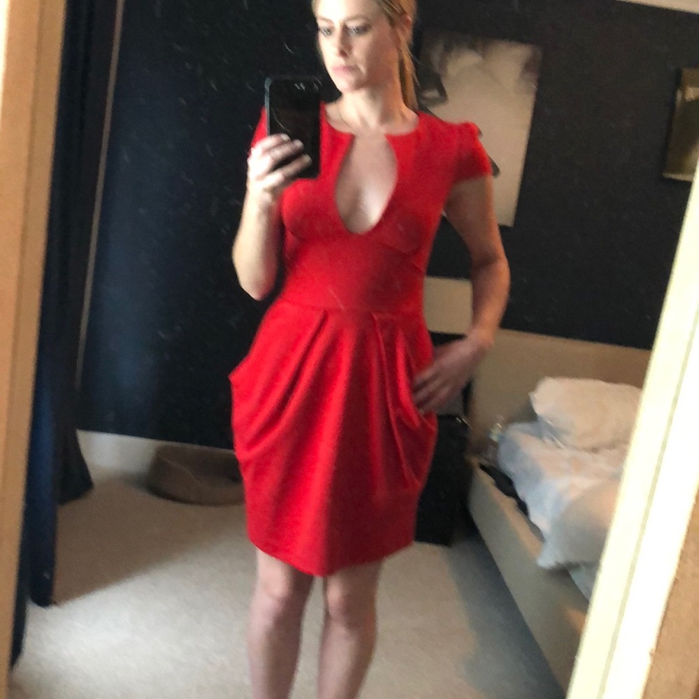 Red midi dress deep slit neckline